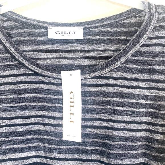 Gray & black long sleeve drop shoulder curved hem striped pullover top, NEW! - Picture 4 of 16